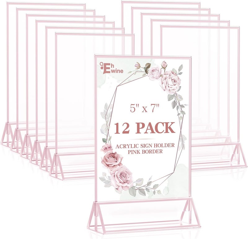 EHWINE 12 Pack Acrylic Sign Holder 5 x 7, Double-Sided Stand up Table Top Sign Holders, Pink Acrylic Picture Frame Menu Flyer Paper Holder Display Stand for Office Business Store Wedding Party - Image 1